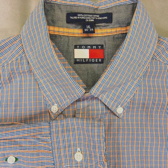 Tommy Hilfiger Men's Button-Down Shirt – Size 16 34/35 – Orange & Blue Stripe - Picture 1 of 10
